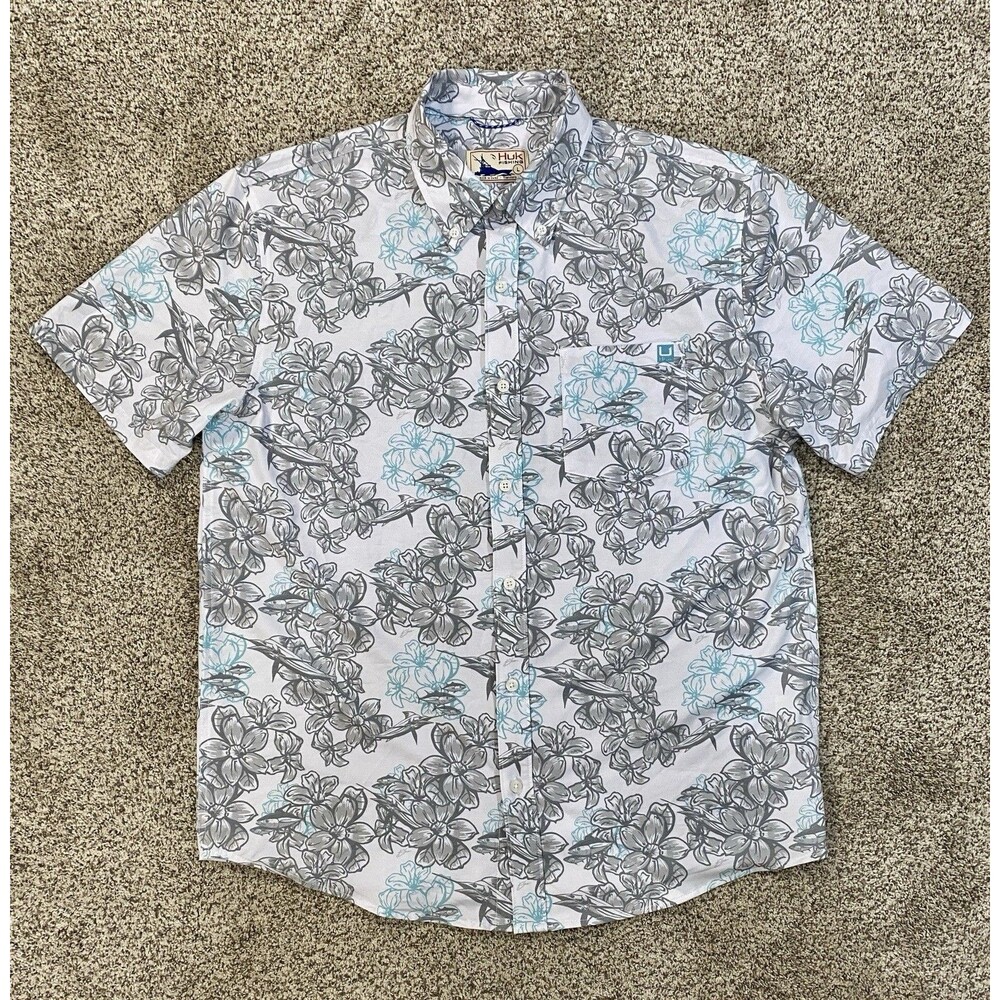 Huk "Kona" Shirt Men's L Button Down Short Sleeve Fishing Floral Marlin Print